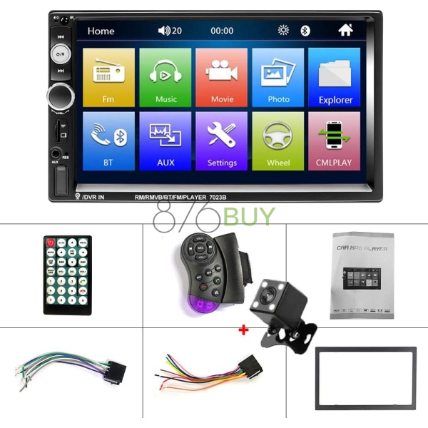 CAMECHO 7" Double Din Car Stereo Audio Bluetooth + 4 LED Mini Backup Camera - Image 2