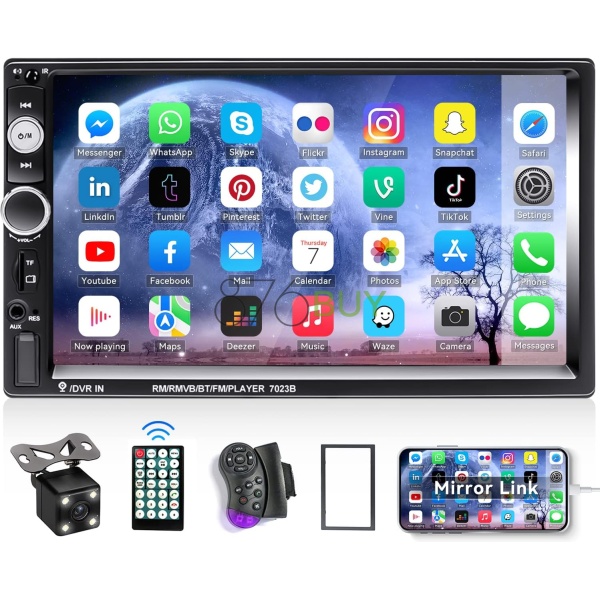 CAMECHO 7" Double Din Car Stereo Audio Bluetooth + 4 LED Mini Backup Camera
