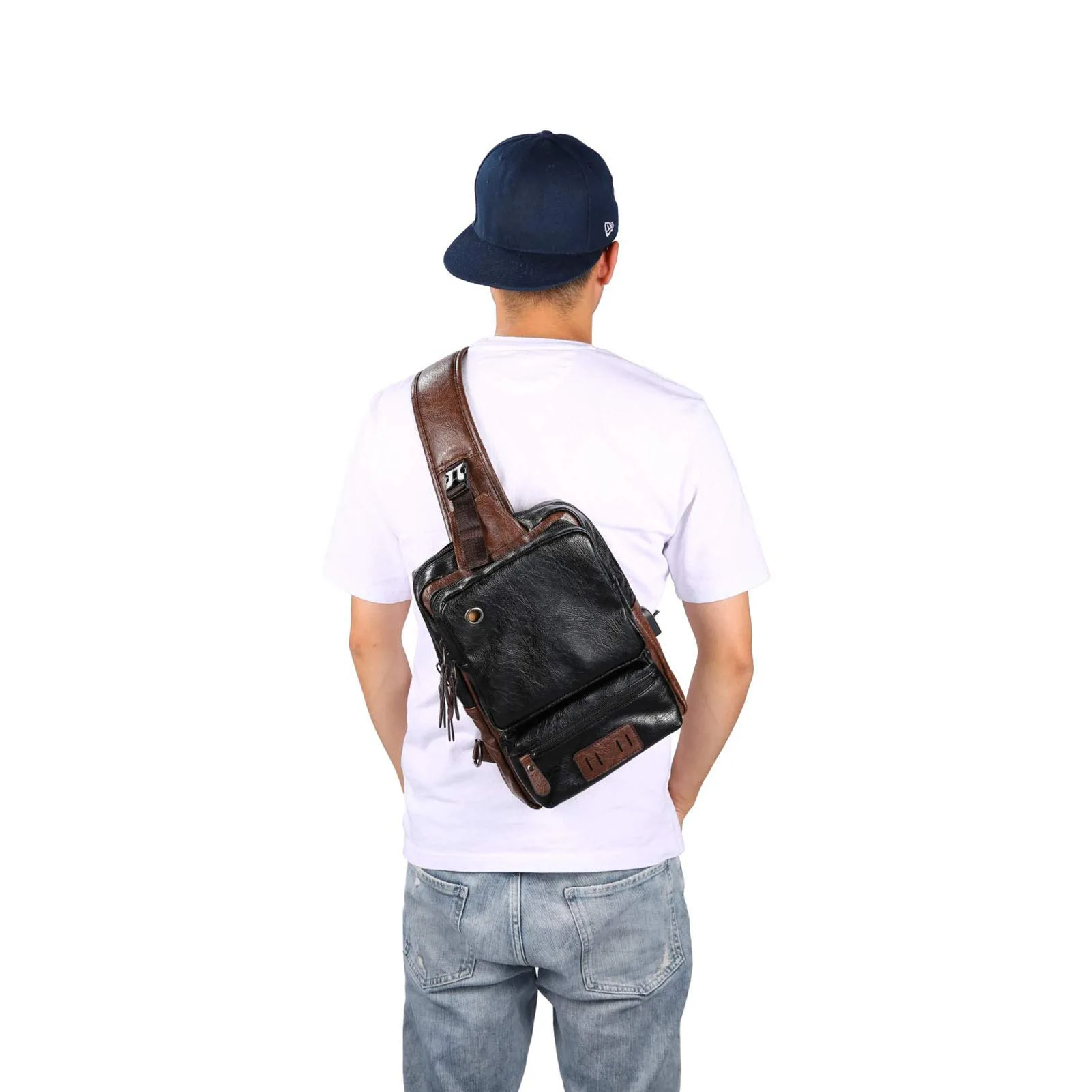 Men's Vintage Brown Leather Sling Bag with USB Charging Port - Image 6