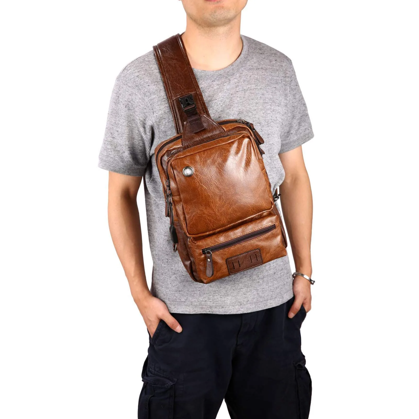 Men's Vintage Brown Leather Sling Bag with USB Charging Port - Image 5