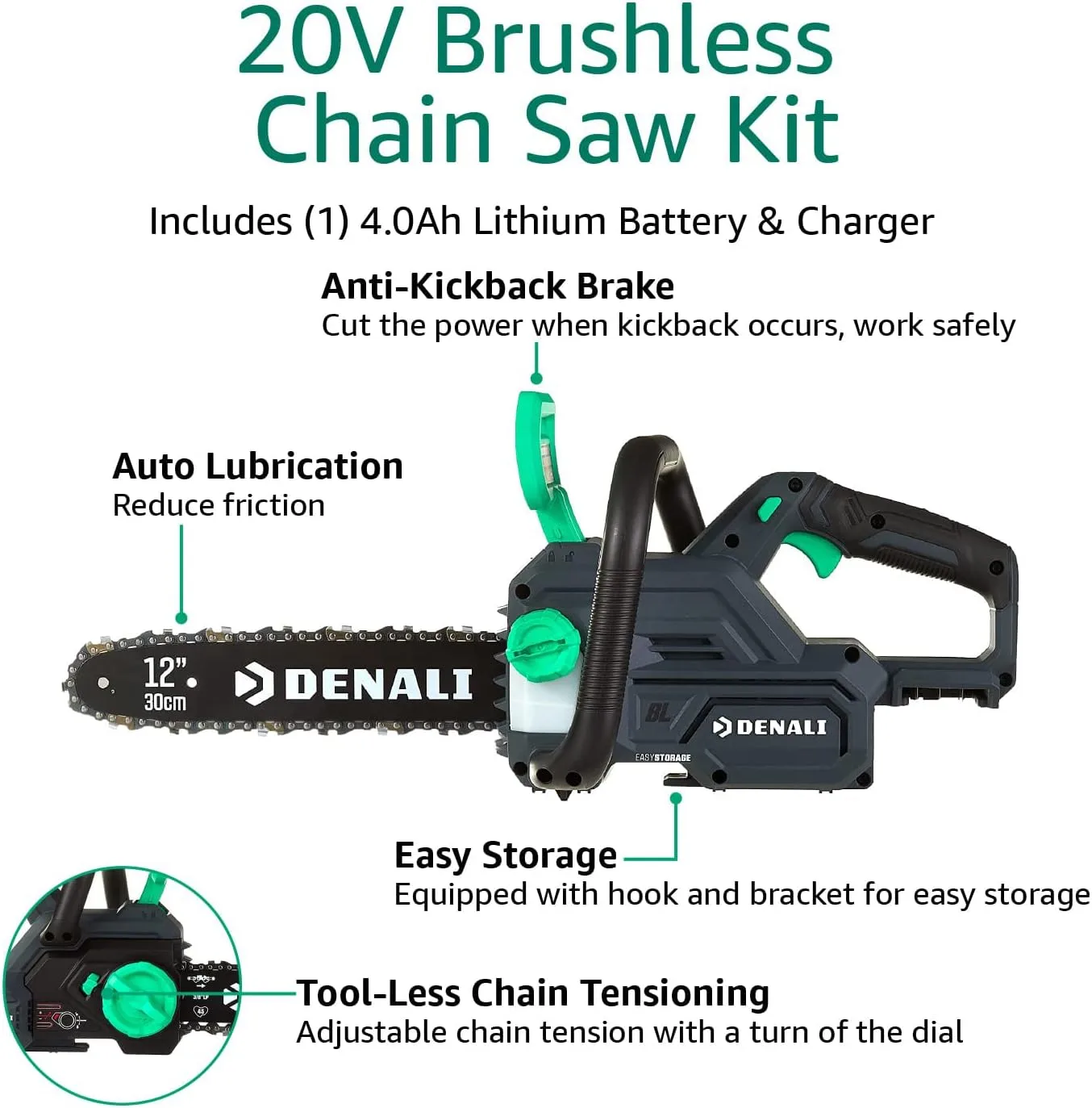 Amazon Brand - Denali by SKIL 20V Brushless 12-Inch Chain Saw Kit, Includes 4.0Ah Battery & Charger - Image 4