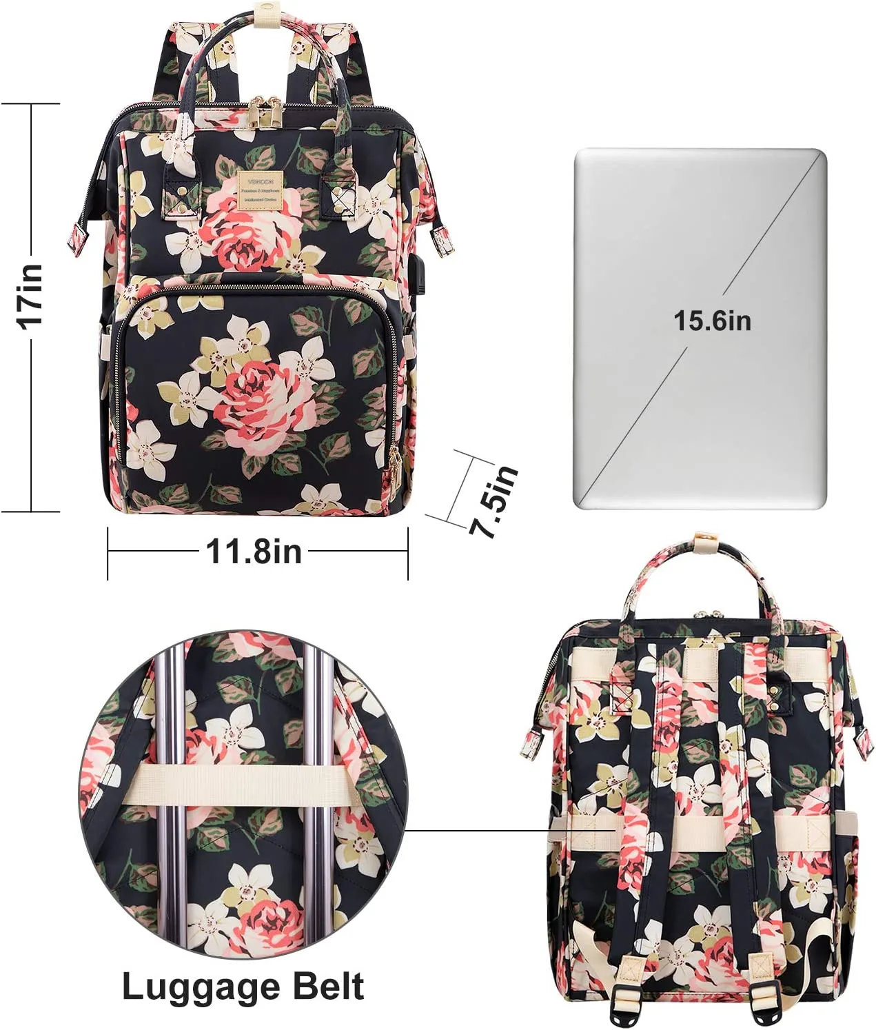 Floral Laptop Backpack with USB Charging - Image 4