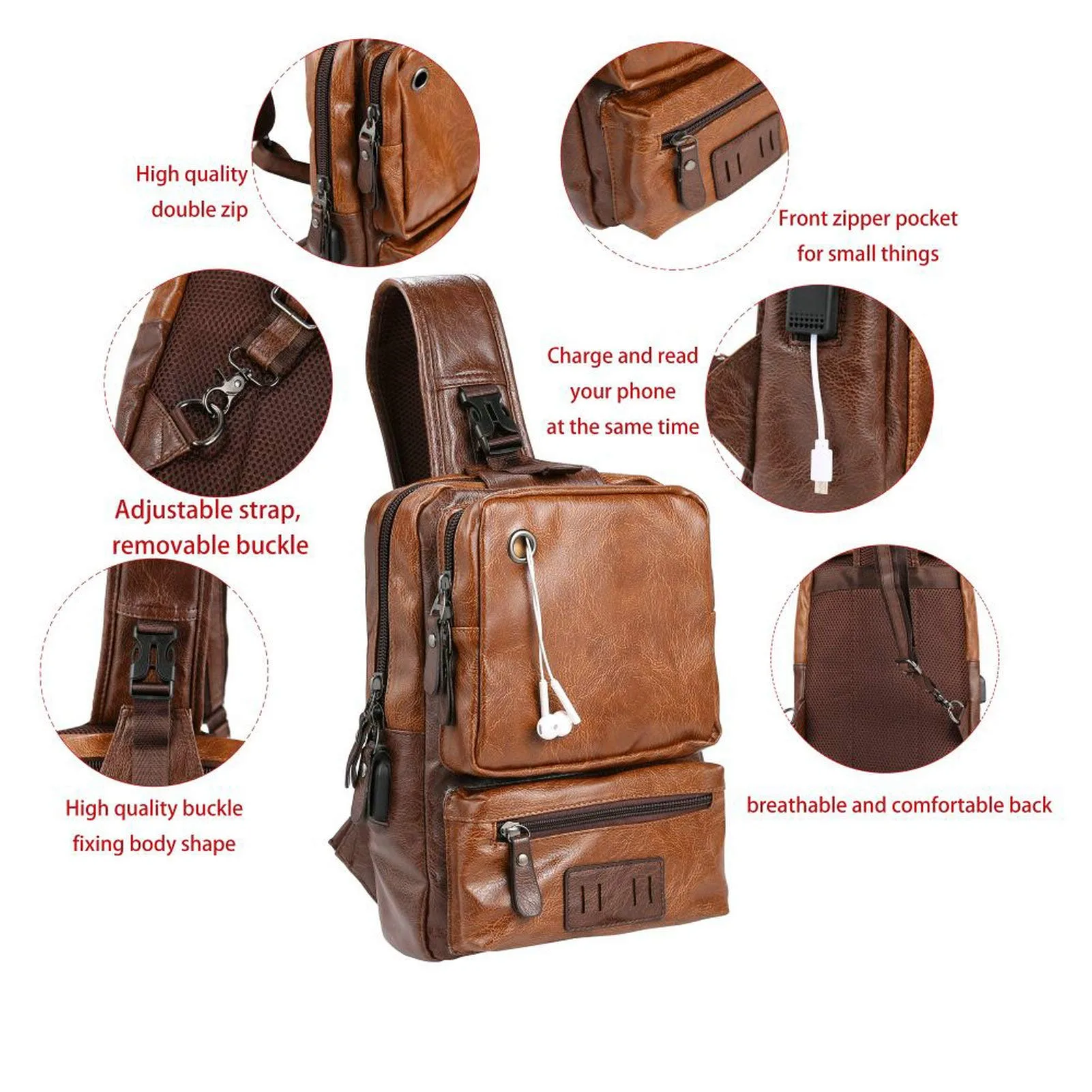 Men's Vintage Brown Leather Sling Bag with USB Charging Port - Image 3