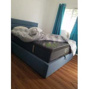 Blue Queen Storage Bed with Double Pillow Top Mattress and 6 Queen Sheet Sets