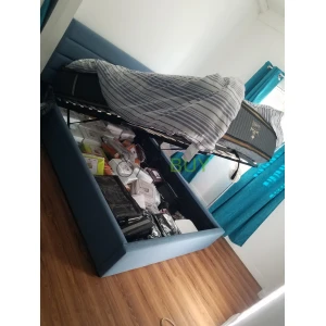 Blue Queen Storage Bed with Double Pillow Top Mattress and 6 Queen Sheet Sets