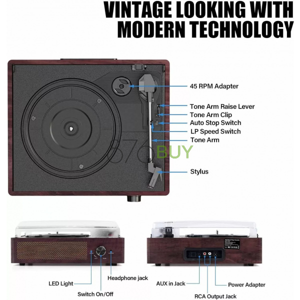 Vintage Bluetooth 3-Speed Turntable with Stereo Speakers (Brown) - Image 6