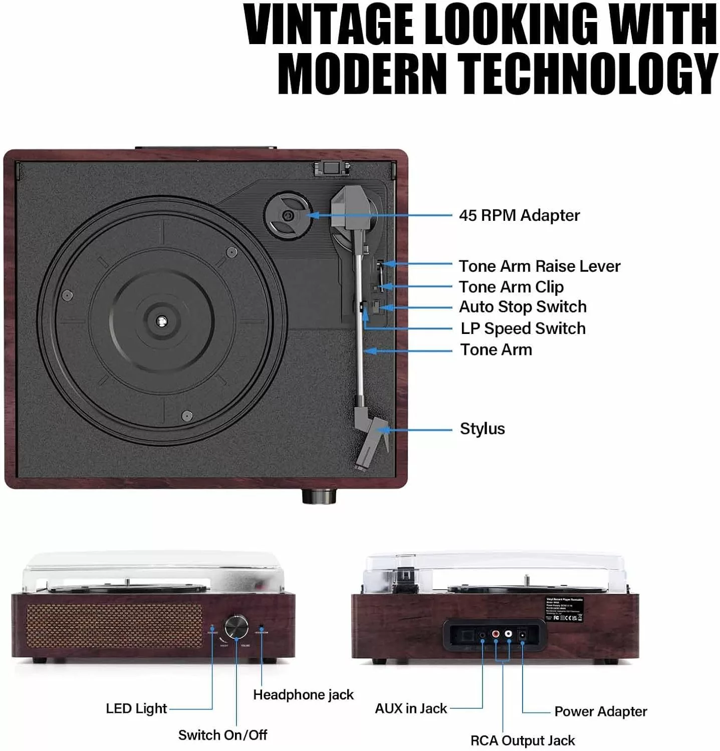 Vintage Bluetooth 3-Speed Turntable with Stereo Speakers (Brown) - Image 6