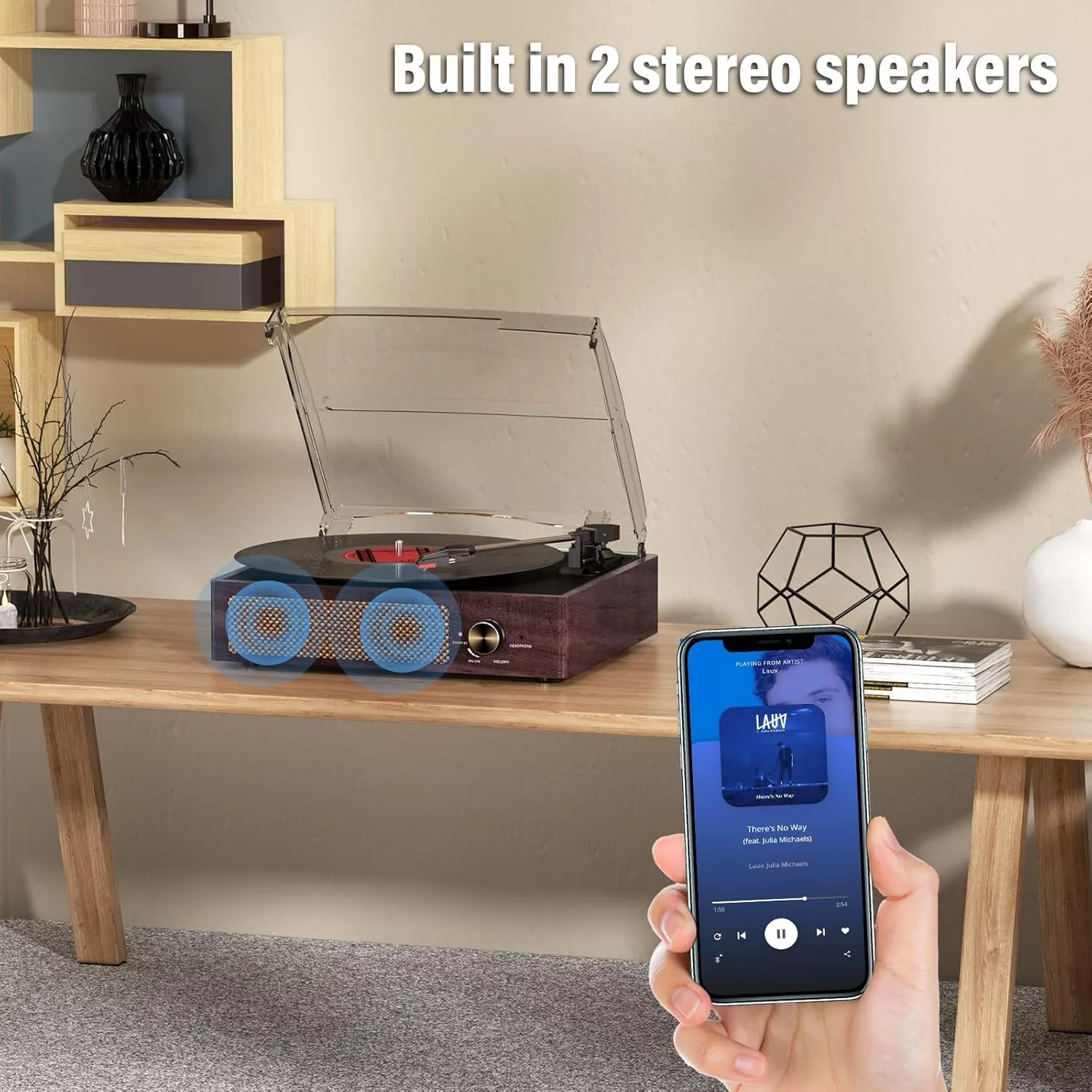 Vintage Bluetooth 3-Speed Turntable with Stereo Speakers (Brown) - Image 2