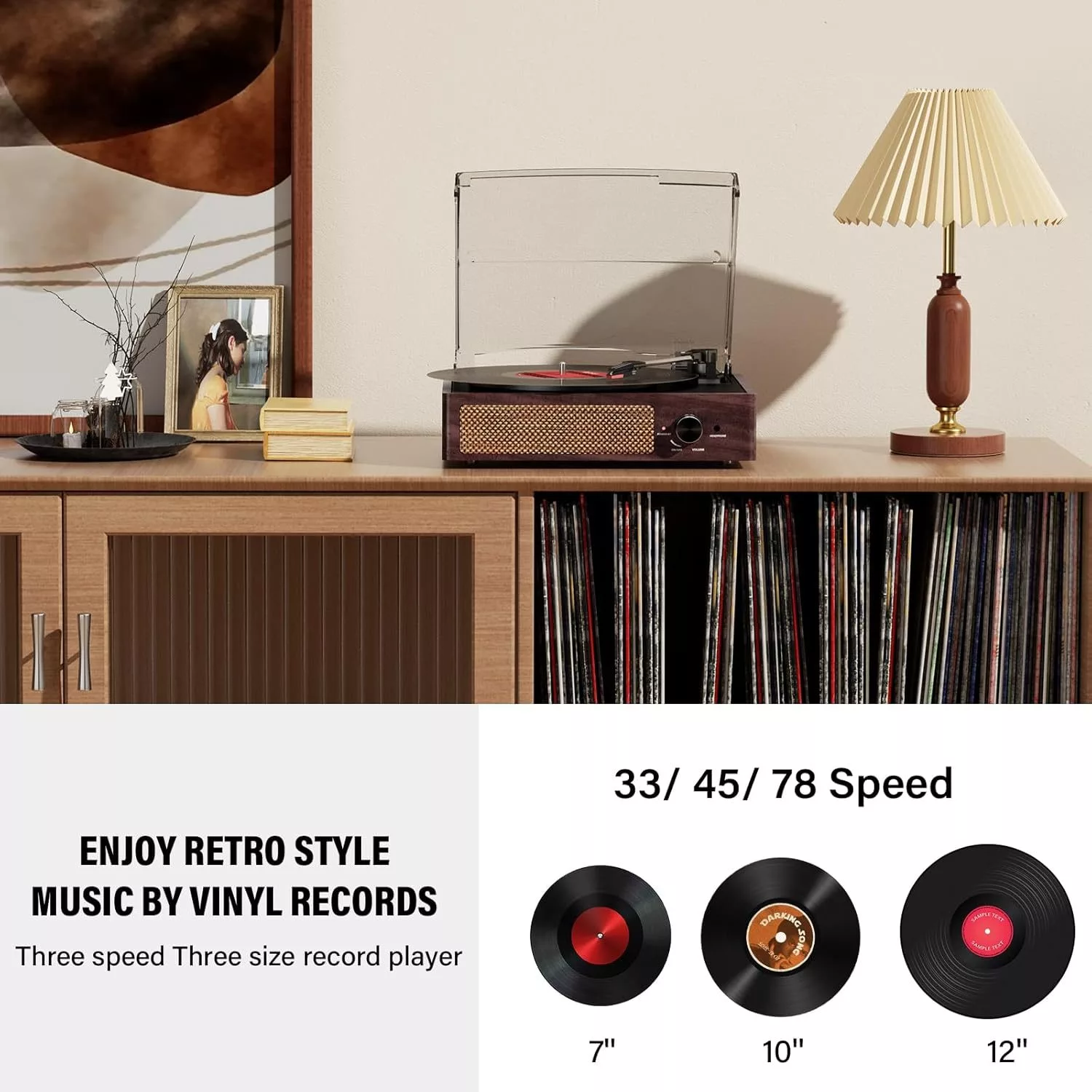 Vintage Bluetooth 3-Speed Turntable with Stereo Speakers (Brown) - Image 4