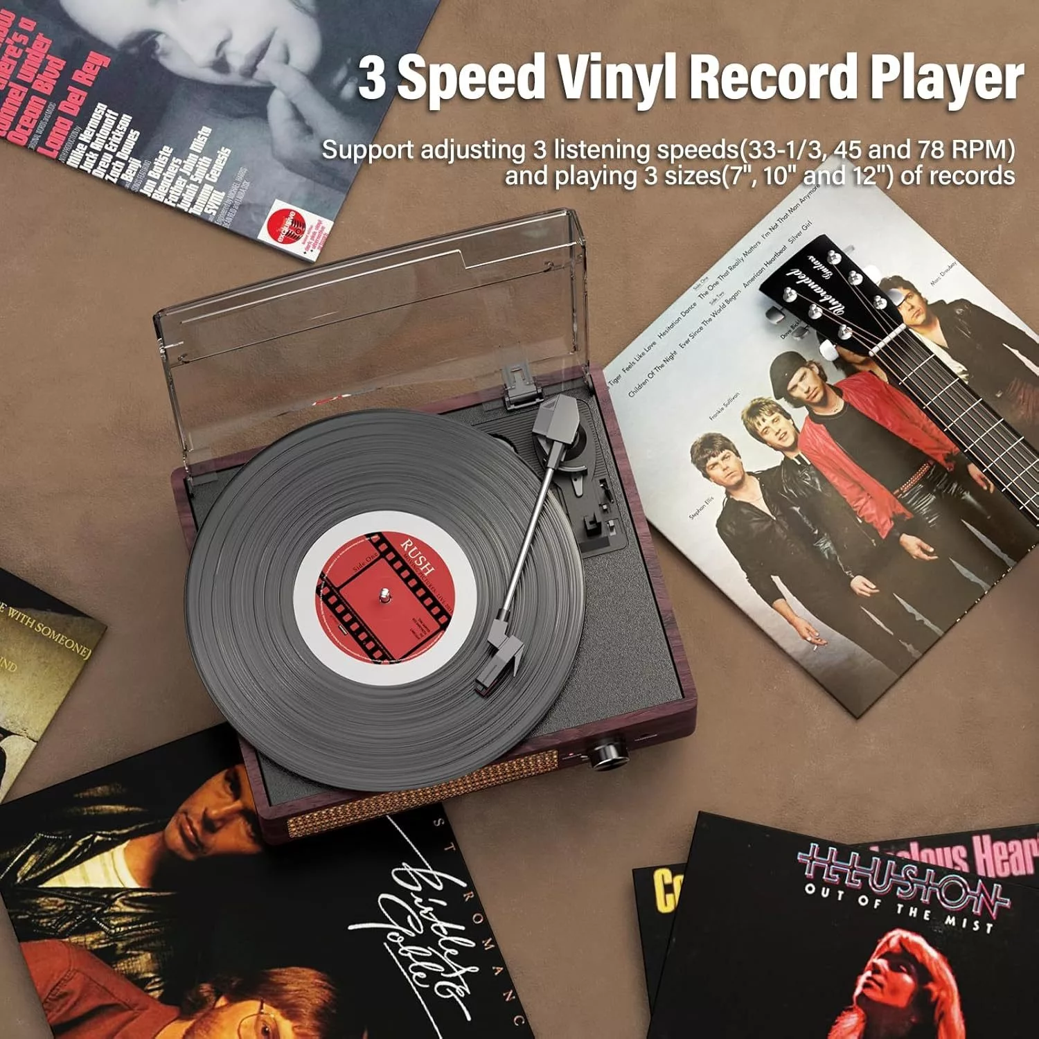 Vintage Bluetooth 3-Speed Turntable with Stereo Speakers (Brown) - Image 3