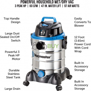 Vacmaster 6 Gallon 3 Peak HP Stainless Steel Wet/Dry Shop Vacuum