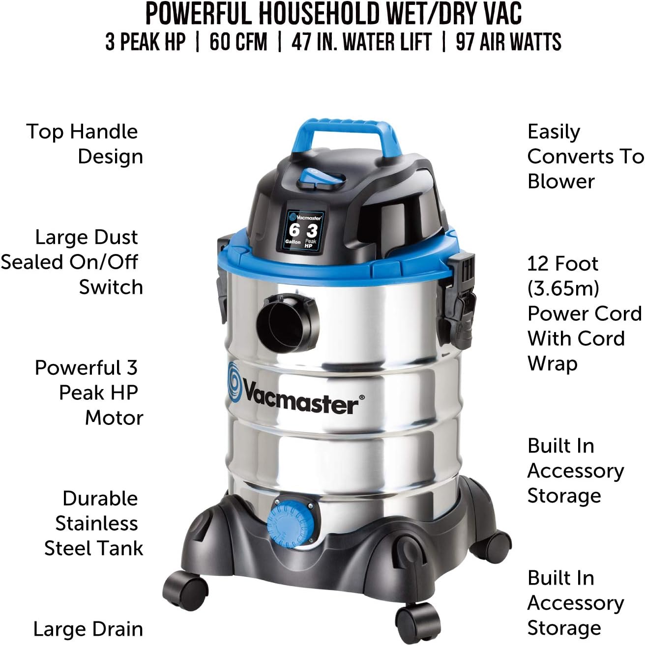Vacmaster 6 Gallon 3 Peak HP Stainless Steel Wet/Dry Shop Vacuum - Image 6