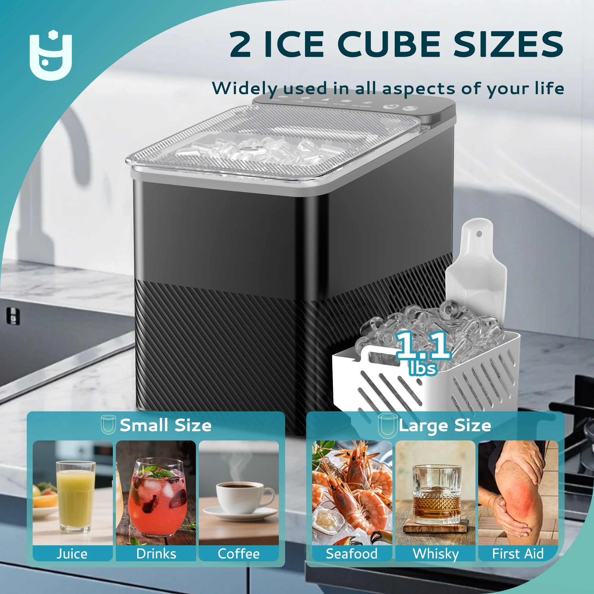 EUHOMY Countertop Ice Maker, Portable 2-Size Bullet Ice Machine with Self-Cleaning, 26.5 Lbs/24H, Black - Image 3