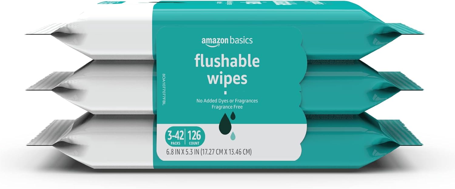 Amazon Basics Adult Wet Wipes Flushable Fragrance Free, 126 Count (3 Packs of 42)