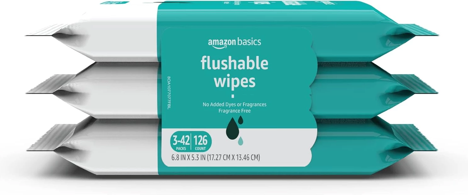 Amazon Basics Adult Wet Wipes Flushable Fragrance Free, 126 Count (3 Packs of 42)