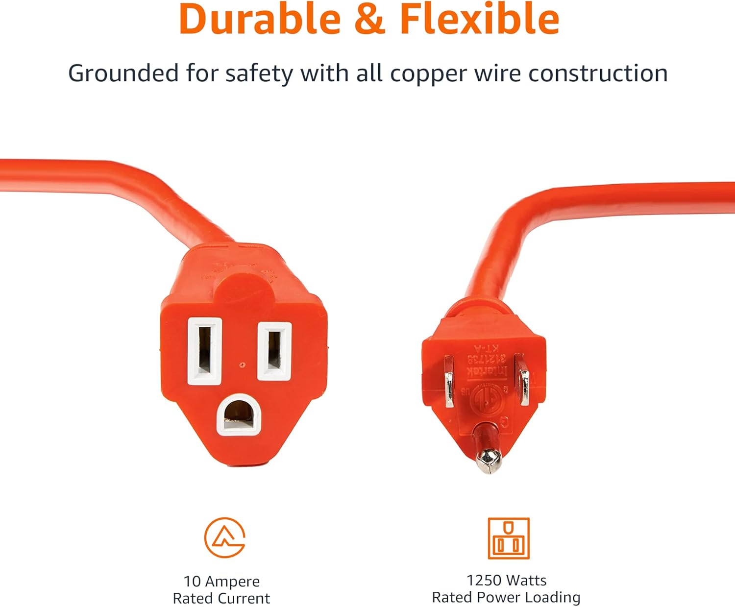 Amazon Basics 100 foot 3-Prong Vinyl Indoor/Outdoor Extension Cord - 10 Amps, 1250 Watts, 125 VAC - Orange - Image 3