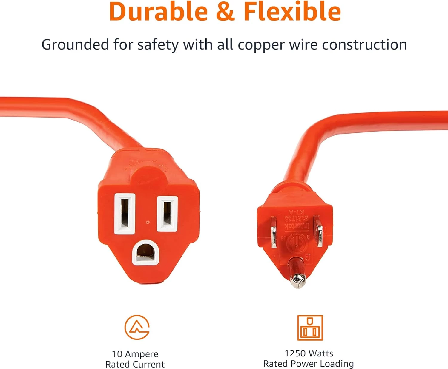 Amazon Basics 100 foot 3-Prong Vinyl Indoor/Outdoor Extension Cord - 10 Amps, 1250 Watts, 125 VAC - Orange - Image 3