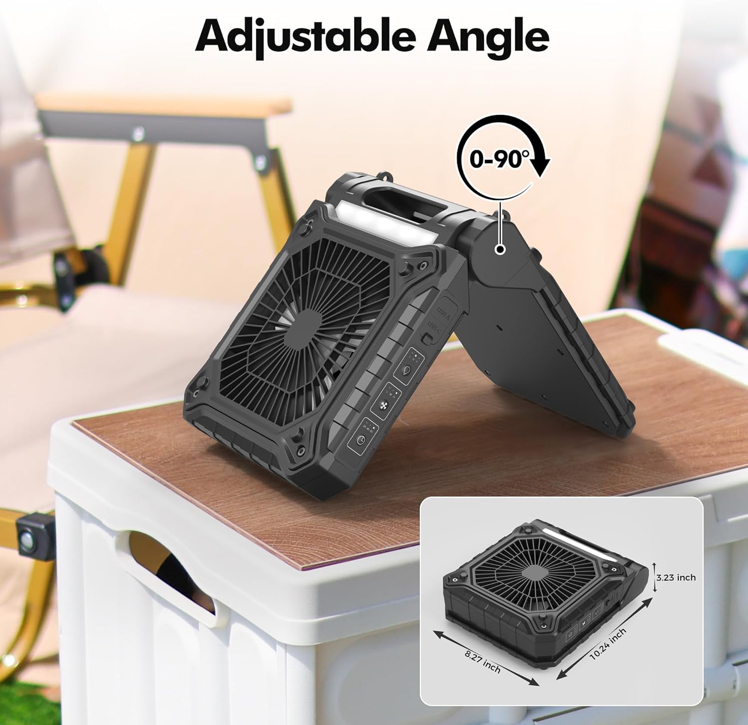 Solar Fan with LED Lantern - Battery Powered with Solar Panel, 90° Adjust, 3 Speed & Timer, 20Hrs Cooling - Image 4