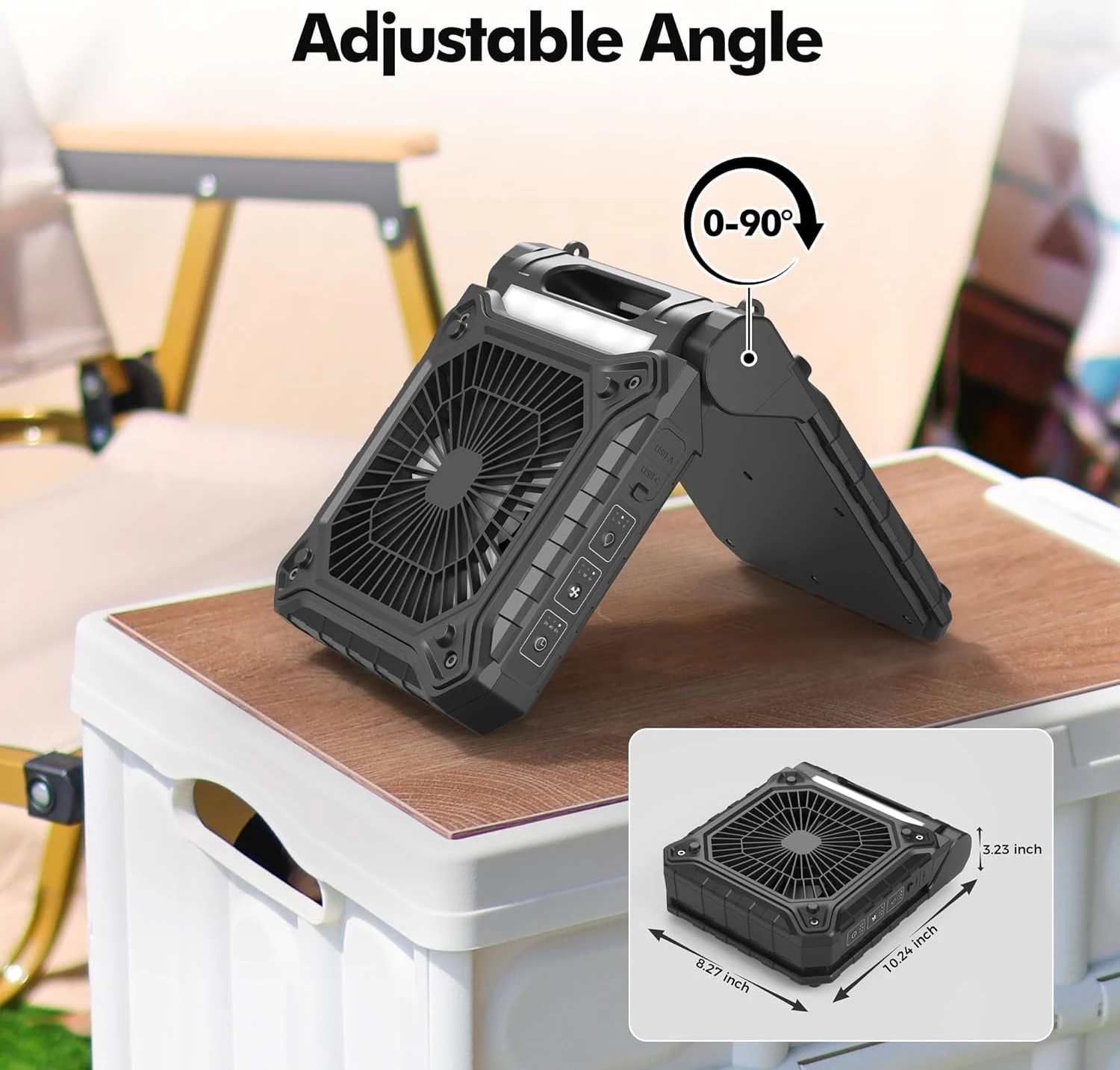 Solar Fan with LED Lantern - Battery Powered with Solar Panel, 90° Adjust, 3 Speed & Timer, 20Hrs Cooling - Image 4