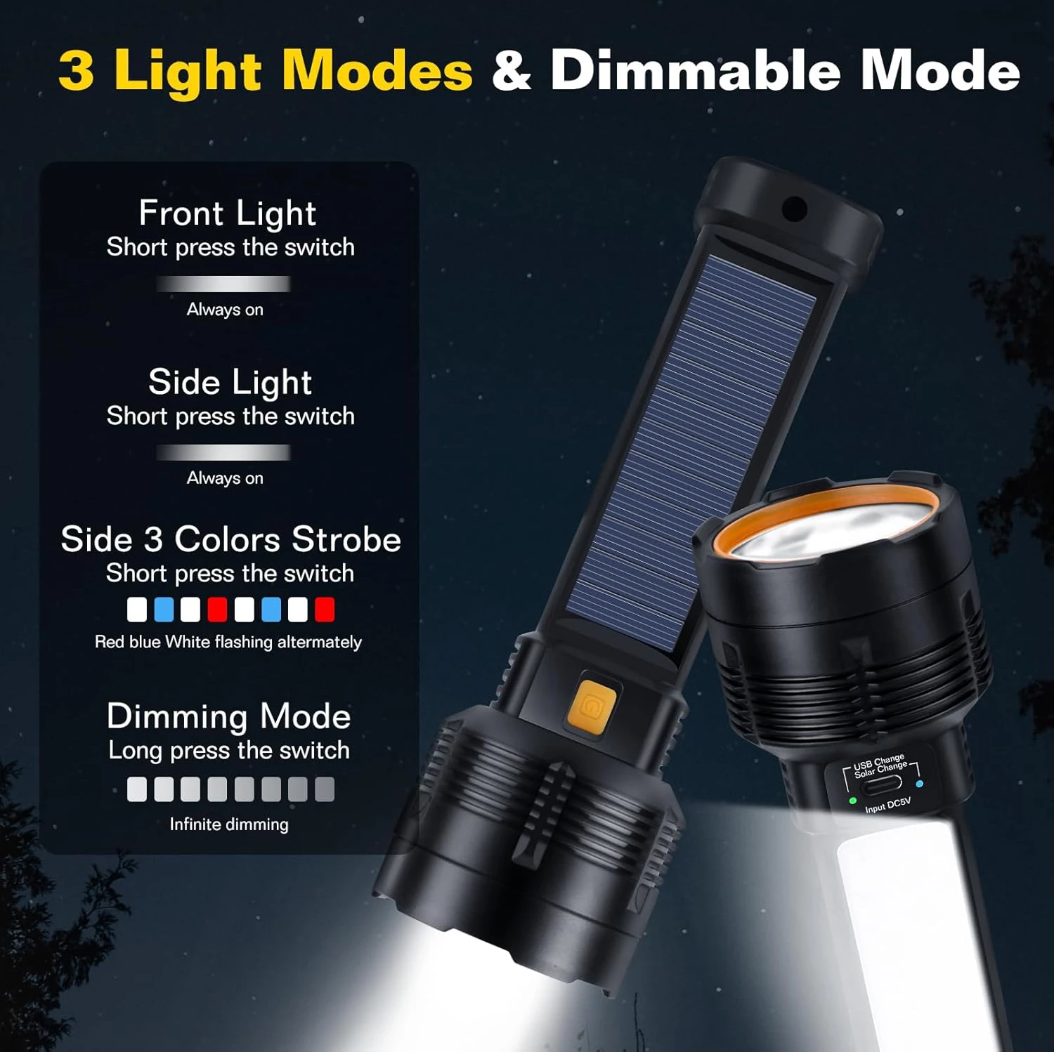 Solar LED Rechargeable Flashlight - 20000 Lumens Super Bright Tactical Flash Light, Compact & Waterproof, Long-Lasting Battery - Image 5