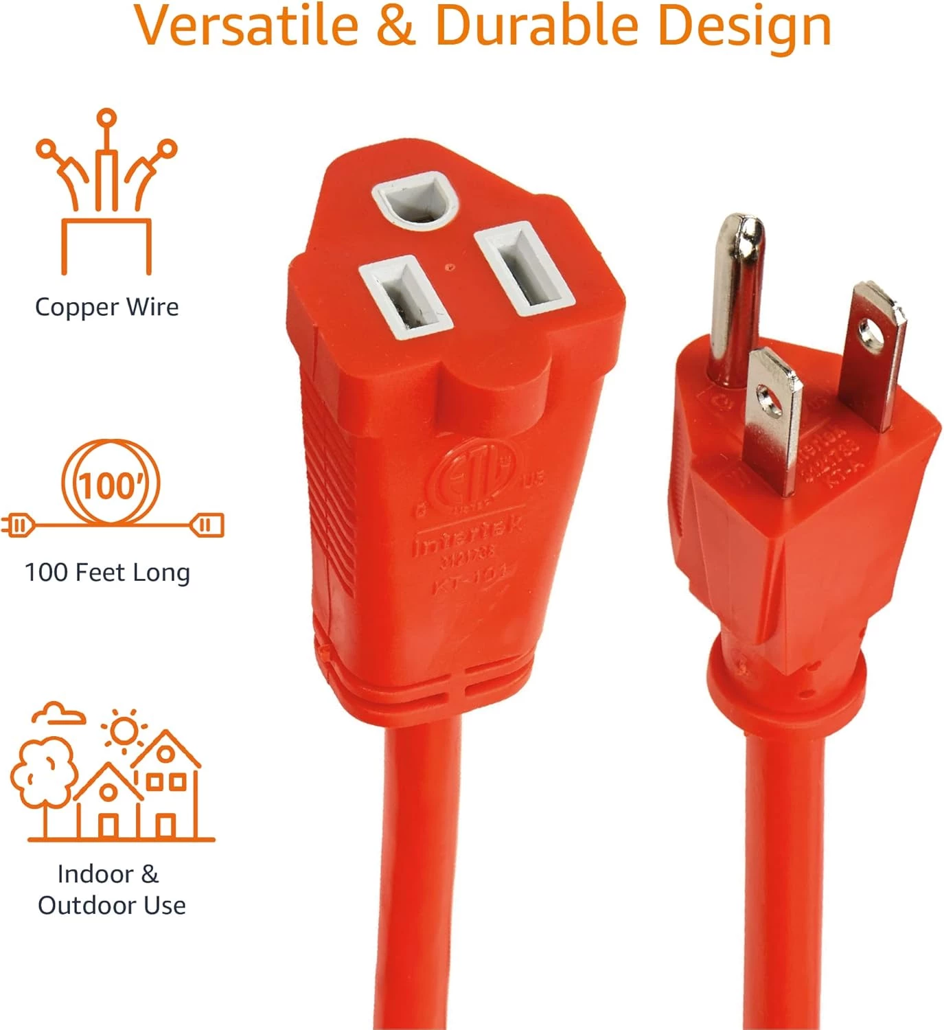 Amazon Basics 100 foot 3-Prong Vinyl Indoor/Outdoor Extension Cord - 10 Amps, 1250 Watts, 125 VAC - Orange - Image 2