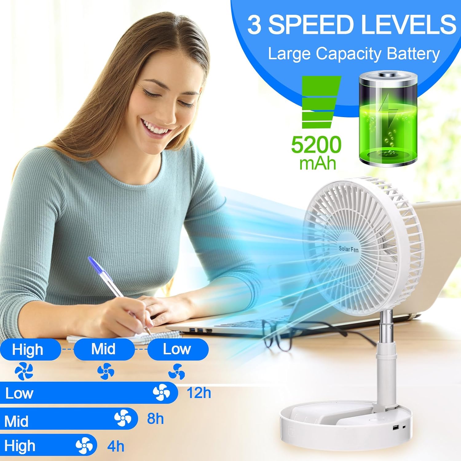 Solar Battery-operated Portable Standing Fan with Solar Panel - Image 5