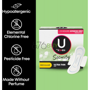 U by Kotex Security Ultra Thin Feminine Pads with Wings, Regular Absorbency, Unscented, 36 Count
