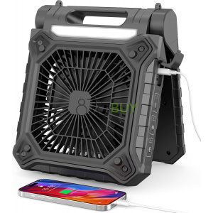 Solar Fan with LED Lantern - Battery Powered with Solar Panel, 90° Adjust, 3 Speed & Timer, 20Hrs Cooling