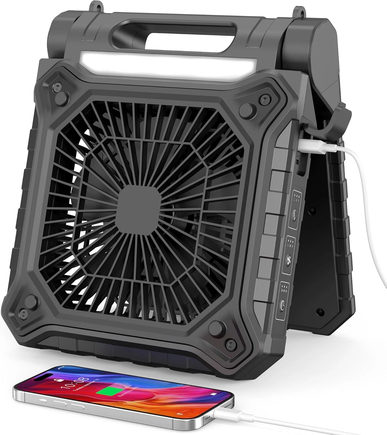 Solar Fan with LED Lantern - Battery Powered with Solar Panel, 90° Adjust, 3 Speed & Timer, 20Hrs Cooling