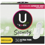 U by Kotex Security Ultra Thin Feminine Pads with Wings, Regular Absorbency, Unscented, 36 Count
