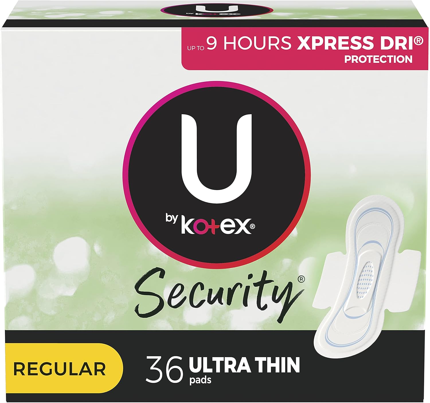 U by Kotex Security Ultra Thin Feminine Pads with Wings, Regular Absorbency, Unscented, 36 Count