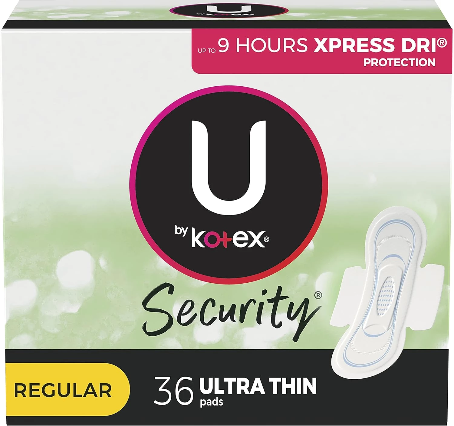 U by Kotex Security Ultra Thin Feminine Pads with Wings, Regular Absorbency, Unscented, 36 Count