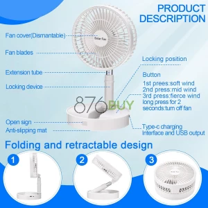 Solar Battery-operated Portable Standing Fan with Solar Panel