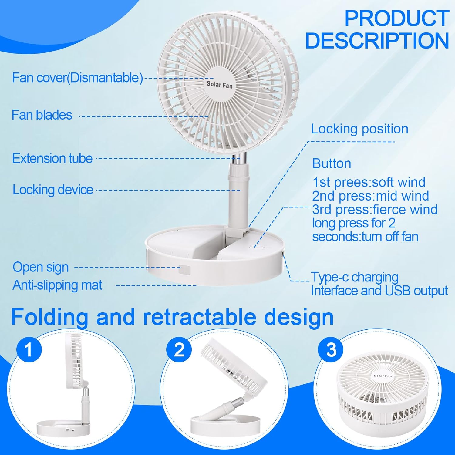 Solar Battery-operated Portable Standing Fan with Solar Panel - Image 6