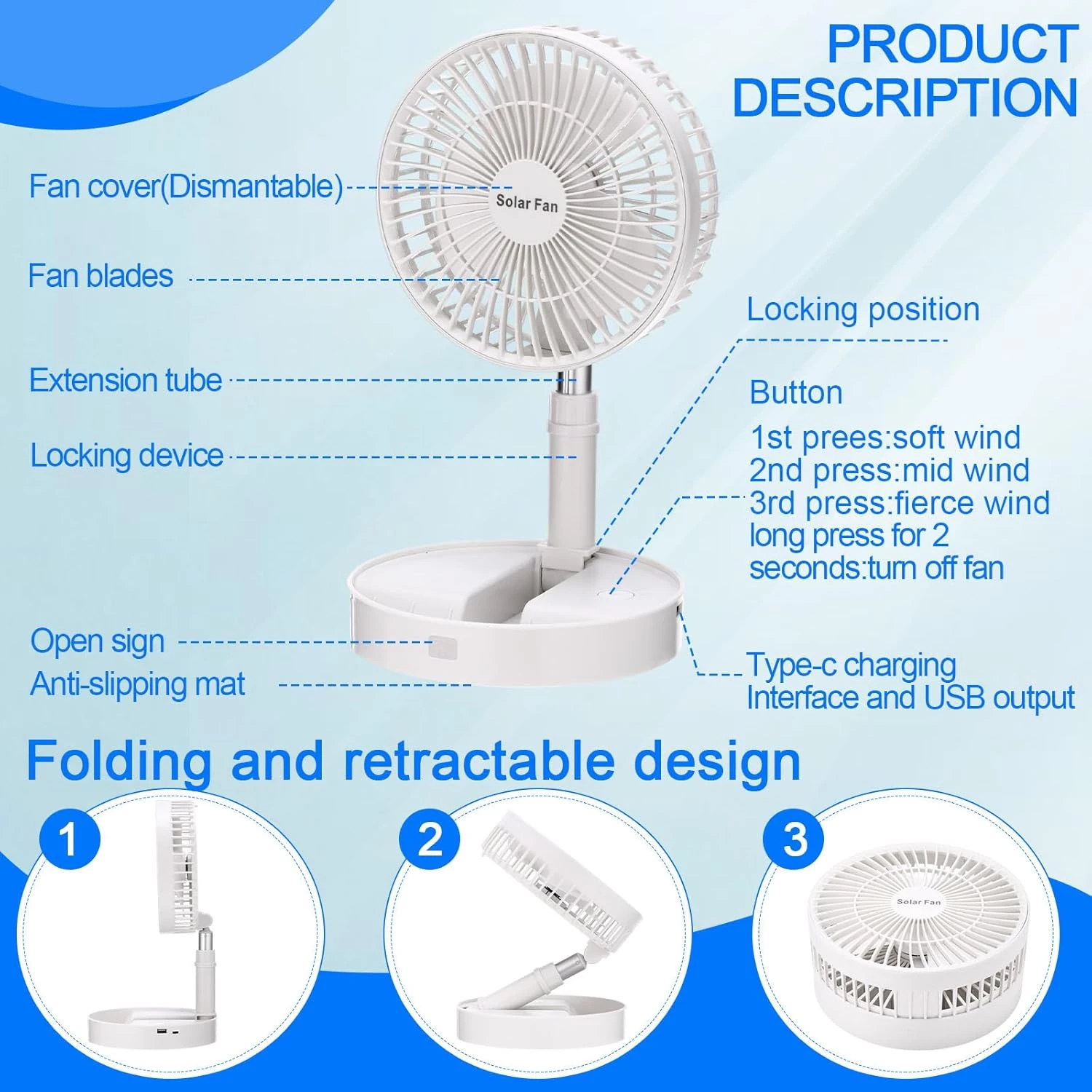 Solar Battery-operated Portable Standing Fan with Solar Panel - Image 6