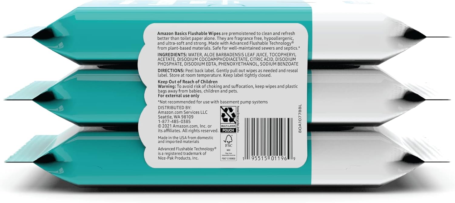 Amazon Basics Adult Wet Wipes Flushable Fragrance Free, 126 Count (3 Packs of 42) - Image 3