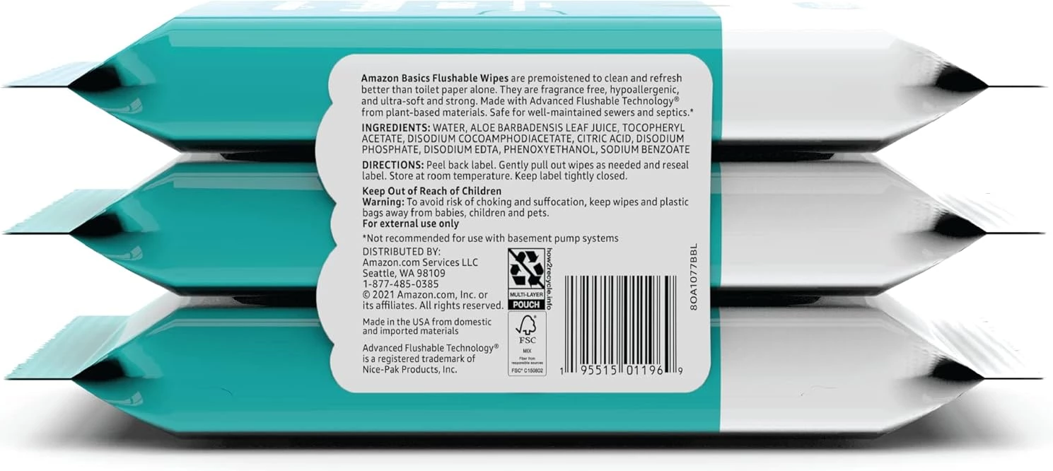 Amazon Basics Adult Wet Wipes Flushable Fragrance Free, 126 Count (3 Packs of 42) - Image 3