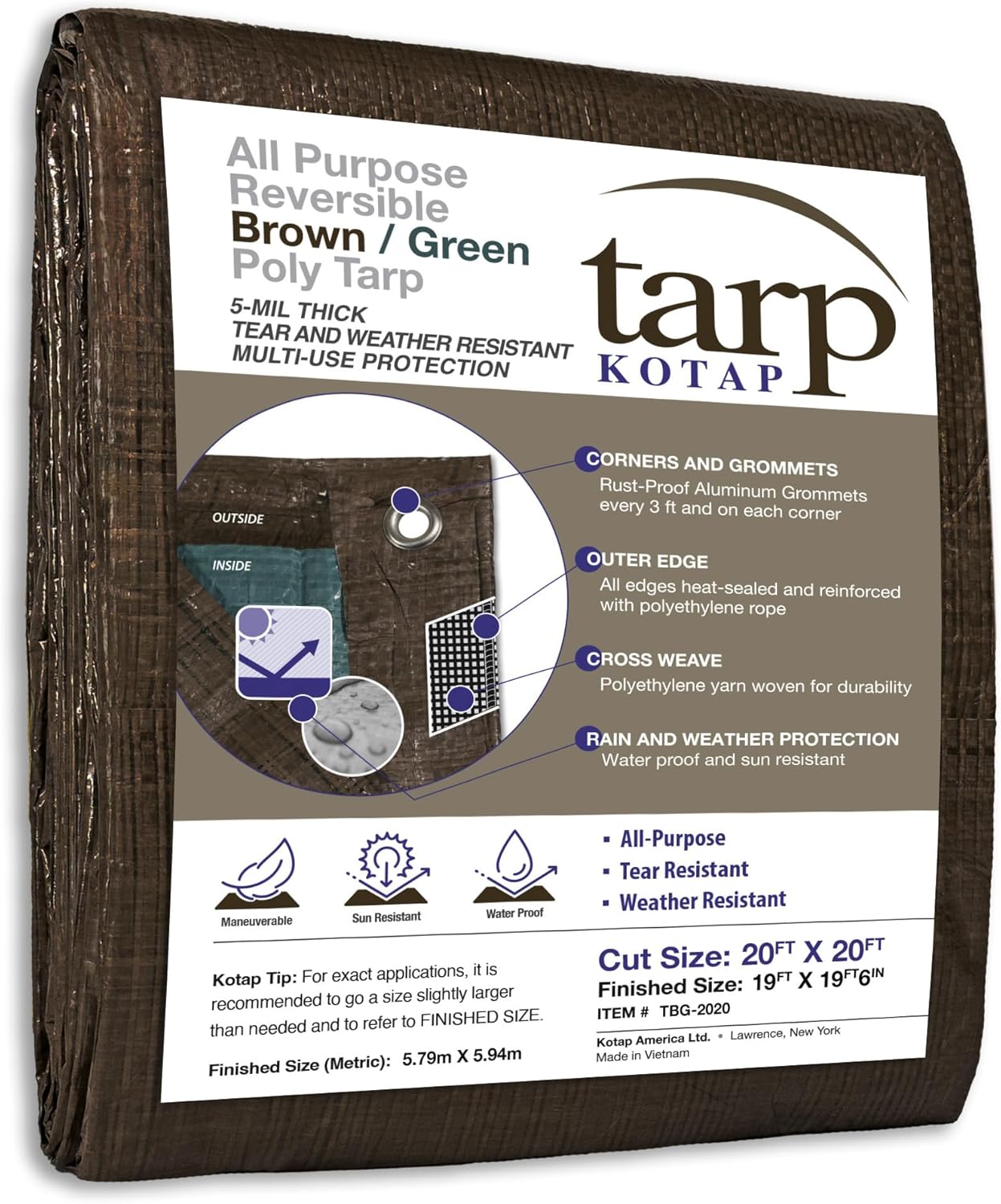 Kotap 20 x 20 Ft. All-Purpose Multi-Use Protection/Coverage 5-mil Poly Tarp, Reversible, Waterproof, Brown/Green