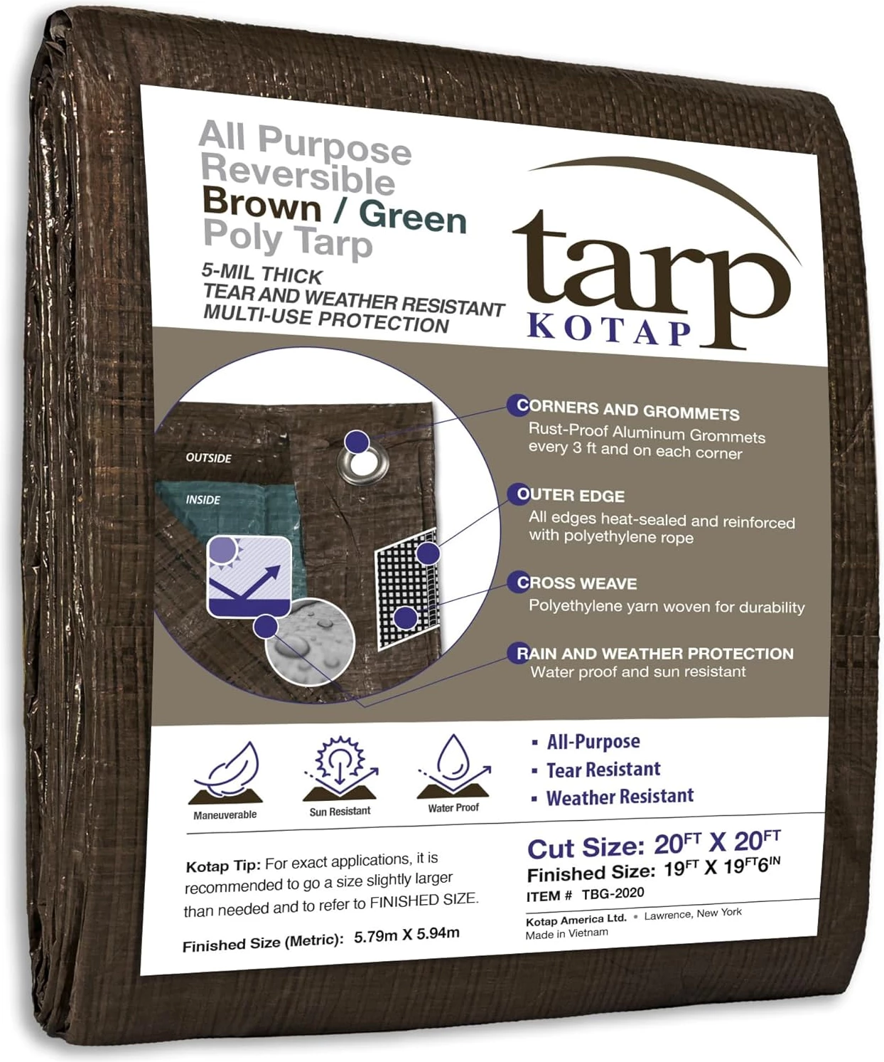 Kotap 20 x 20 Ft. All-Purpose Multi-Use Protection/Coverage 5-mil Poly Tarp, Reversible, Waterproof, Brown/Green