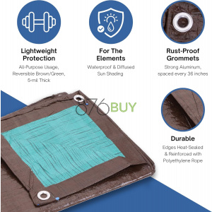 Kotap 20 x 20 Ft. All-Purpose Multi-Use Protection/Coverage 5-mil Poly Tarp, Reversible, Waterproof, Brown/Green