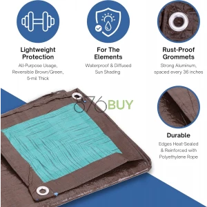 Kotap 20 x 20 Ft. All-Purpose Multi-Use Protection/Coverage 5-mil Poly Tarp, Reversible, Waterproof, Brown/Green