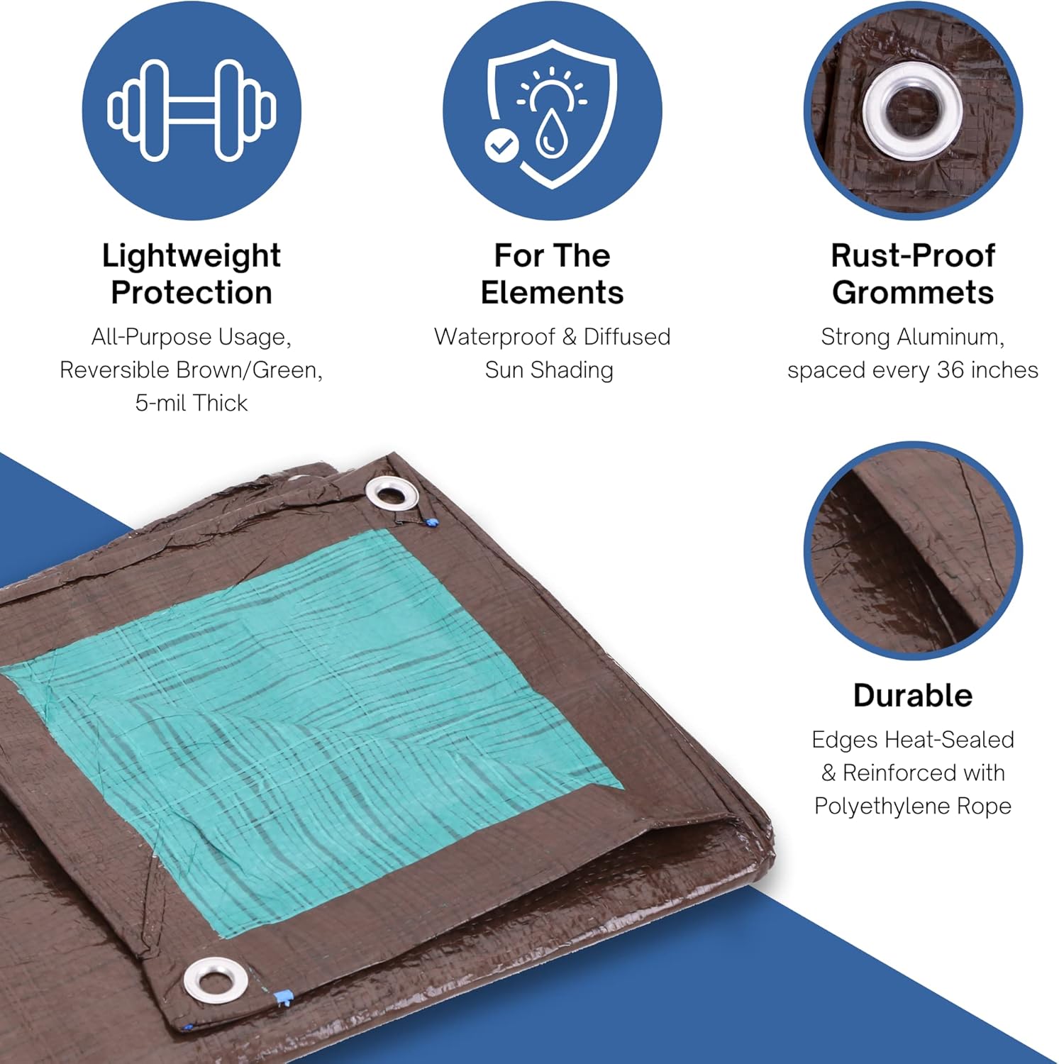Kotap 20 x 20 Ft. All-Purpose Multi-Use Protection/Coverage 5-mil Poly Tarp, Reversible, Waterproof, Brown/Green - Image 6