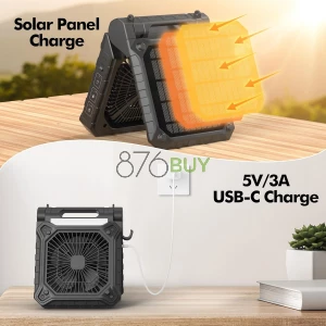 Solar Fan with LED Lantern - Battery Powered with Solar Panel, 90° Adjust, 3 Speed & Timer, 20Hrs Cooling