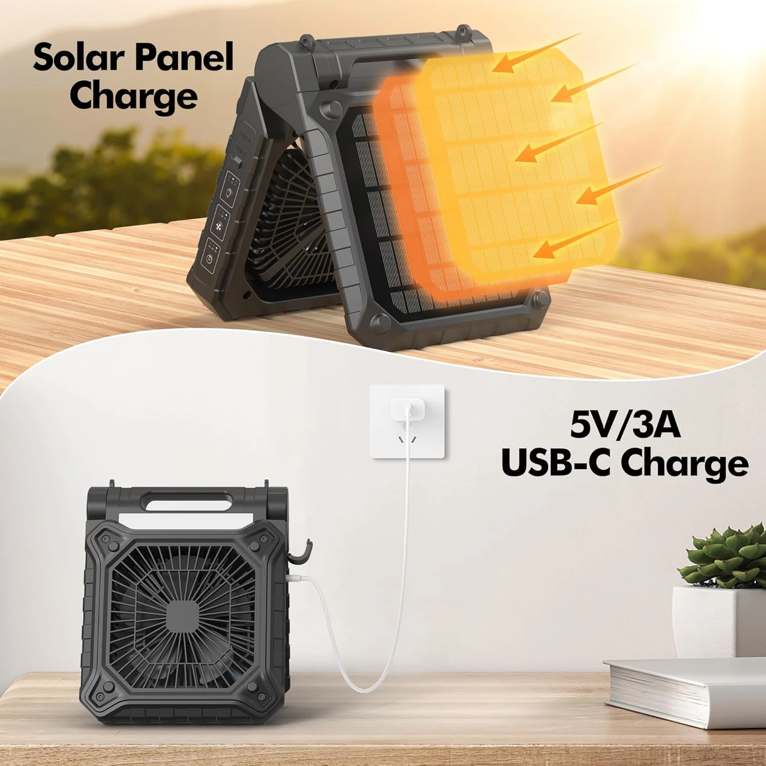 Solar Fan with LED Lantern - Battery Powered with Solar Panel, 90° Adjust, 3 Speed & Timer, 20Hrs Cooling - Image 3