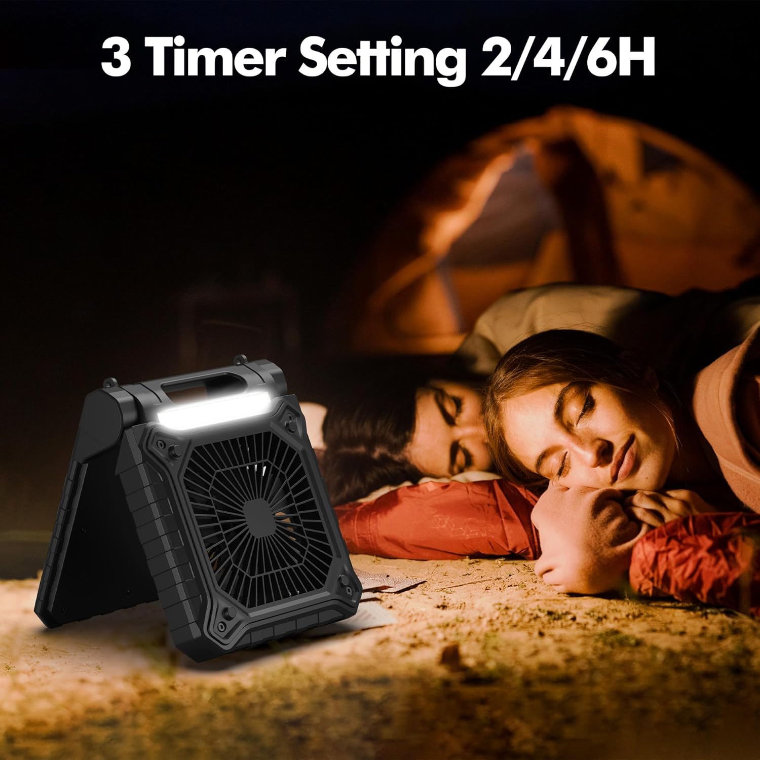 Solar Fan with LED Lantern - Battery Powered with Solar Panel, 90° Adjust, 3 Speed & Timer, 20Hrs Cooling - Image 2