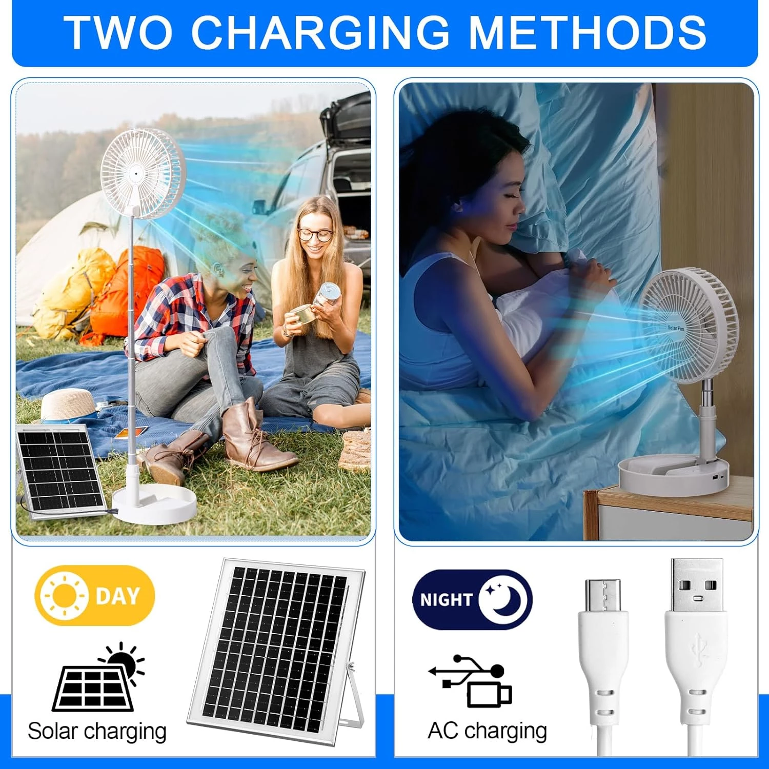 Solar Battery-operated Portable Standing Fan with Solar Panel - Image 3