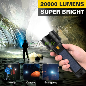 Solar LED Rechargeable Flashlight - 20000 Lumens Super Bright Tactical Flash Light, Compact & Waterproof, Long-Lasting Battery