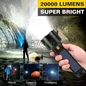 Solar LED Rechargeable Flashlight - 20000 Lumens Super Bright Tactical Flash Light, Compact & Waterproof, Long-Lasting Battery