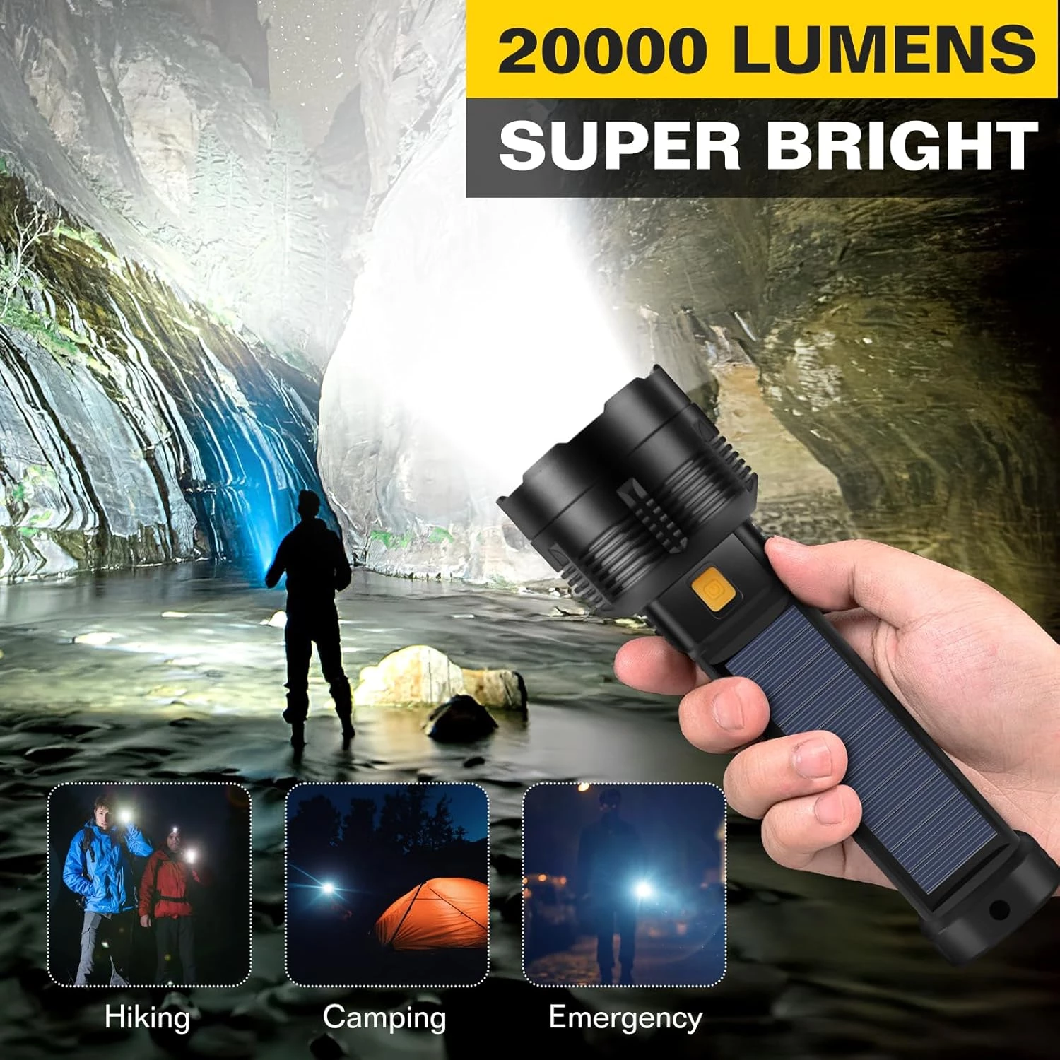 Solar LED Rechargeable Flashlight - 20000 Lumens Super Bright Tactical Flash Light, Compact & Waterproof, Long-Lasting Battery - Image 6