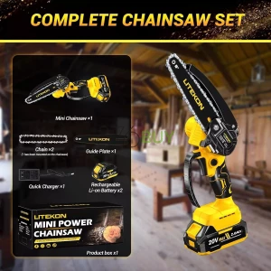 LITEKON Cordless Mini Chainsaw Kit with 2000mAh Battery & Quick Charger & 2 Chains